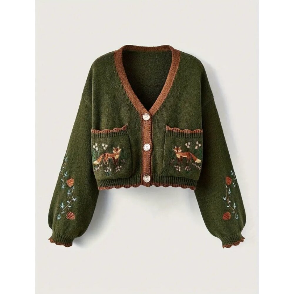 Stylish Embroidered Knit Cardigan | Fox & Floral, Color Block, Long Sleeve